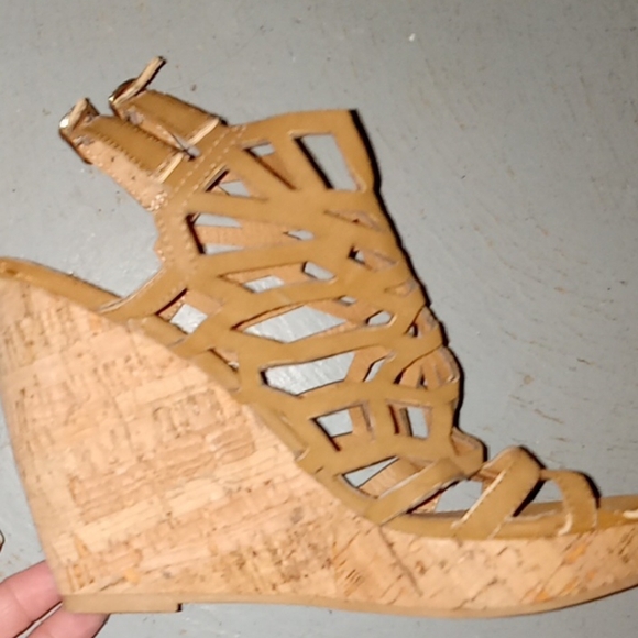 Tan Cut-Out Platform Wedge Sandals with Cork Heel Bohemian Beachy Casual Wedge - Picture 12 of 16
